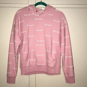 Champion Reverse Weave Allover Logo Pink Hoodie